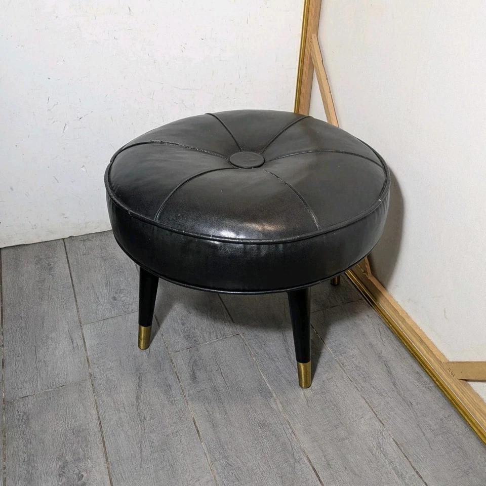 Reposapiés otomano redondo de vinilo negro moderno vintage de mediados de siglo patas B62 Foto 2 de 4