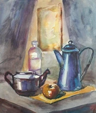 Impressionist still life watercolor drawing teapot, kettle, bottle and fruit