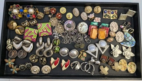 Vtg Mod Clip On Earrings Lot Costume Jewelry Lucite Rhinestone Enamel Ect 42 Pr