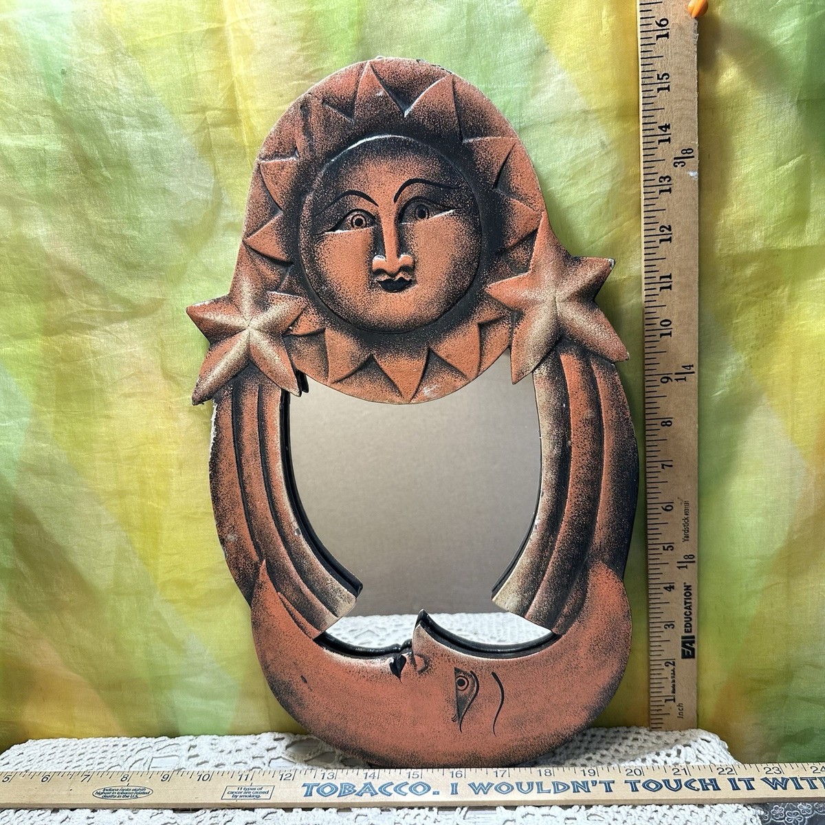 Vintage Rare Orange Celestial Wood Wall Mirror Moon Sun Stars Hand