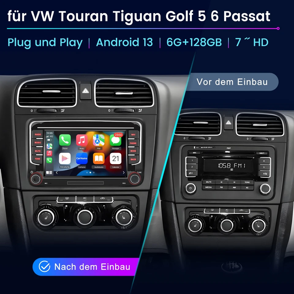 6+128G Carplay Für VW GOLF 5 6 Touran Tiguan Passat Autoradio GPS Navi BT DAB FM - Bild 2 von 4