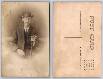 RPPC Dapper Man Portrait Postcard Edwardian Era Hat Mustache Umbrella