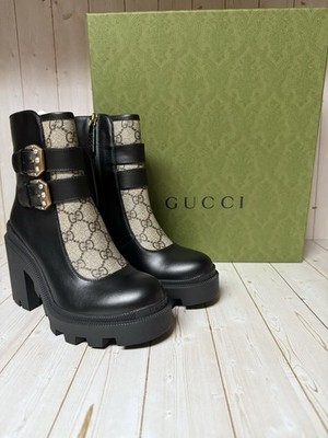 Gucci Kensington Calfskin Nappa GG Supreme Monogram Ankle Boots Black Sz 35 / 5