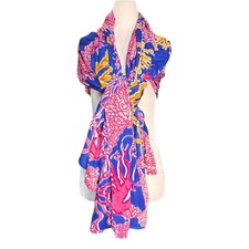 Tropical Coral Print Scarf Blue Pink Yellow Rayon Lightweight Wrap Shawl Beach