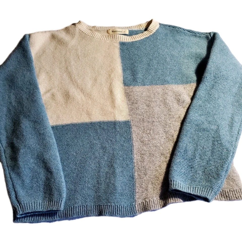 Suéter Woolovers para mujer 100 % lana de cordero cuello redondo talla M azul/gris bloques de colores Foto 2 de 4