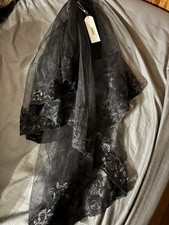 PAMOR Black Lace Elbow Length Wedding Veil Net Embroidered