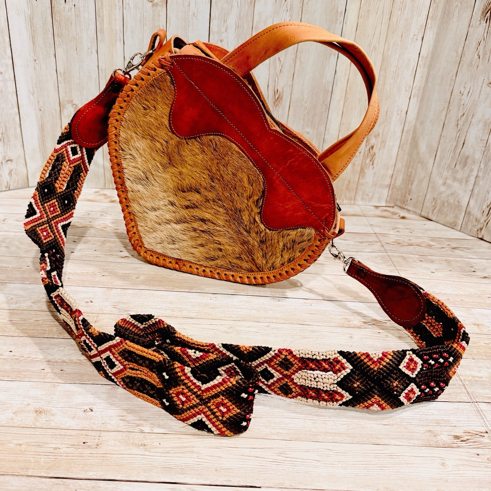 Cartera Corazón Corazón Cuero Vaca Mexicana con Correa Tejida Bolsa Corazón Cuero