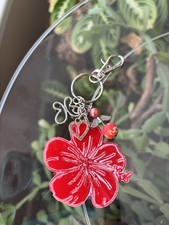 Handmade Red Silver Flower Heart Charm Key Chain for Women Resin Metal Beaded