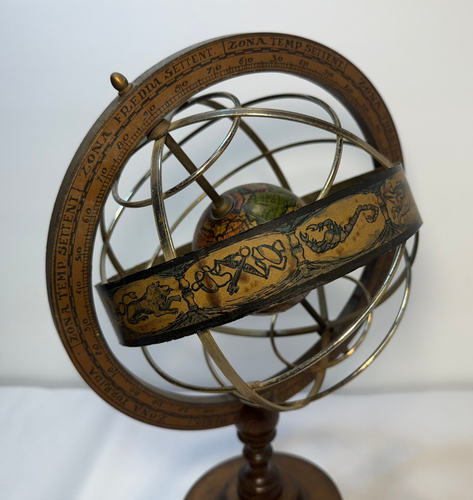 Vintage Armillary Sphere Astrolabe Globe Old World Wood Brass Made In Italy 14" - Picture 8 of 9