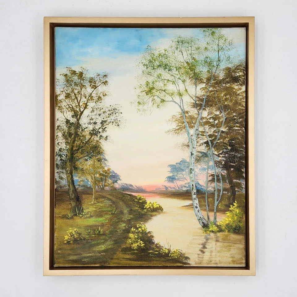 Original Signed Asher Landscape Oil Painting on Canvas Birch Trees River Sunset - Image 2 of 4