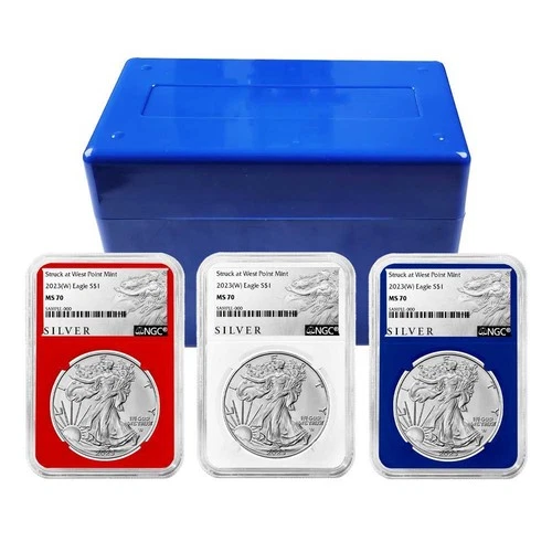 2023 (W) $1 American Silver Eagle 3pc Set NGC MS70 ALS Label Red White Blue