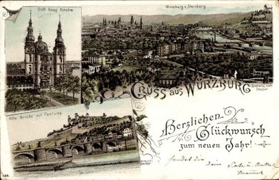 Litho Würzburg, Stift Haug, Kirche, Panorama, Blick vom Steinberg,... - 4976572