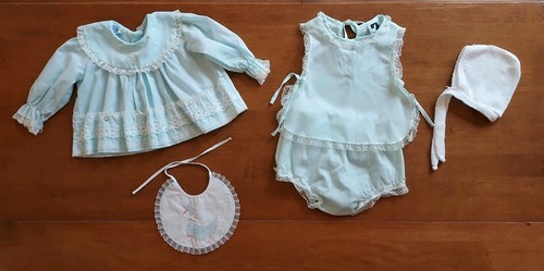LOT VINTAGE Baby Spring Romper w Bloomers, Lace Dress, Goose Bib Bonnet Hat Sets - Picture 2 of 18