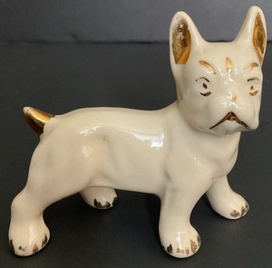 Vintage MCM 1950’s White French Bulldog Porcelain Figurine Gold Trim 3.5” X 3.5”