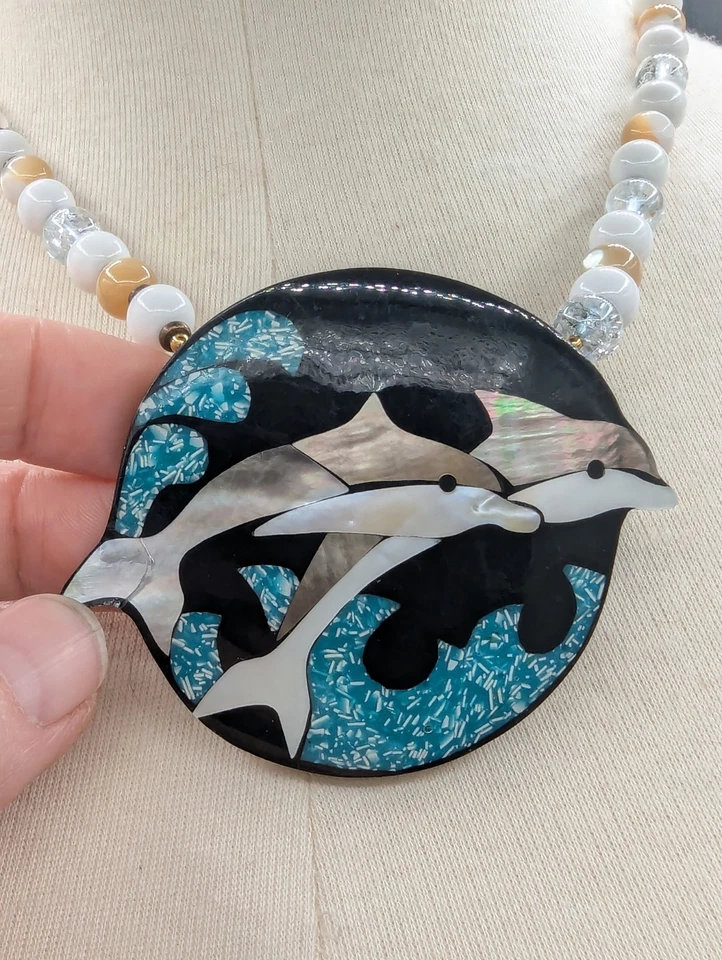Mother of Pearl Black Onyx Inlay Dolphin Necklace Lee Sands READ  - Image 2 of 4