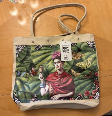 Frida Kahlo Graphic Print Tote Bag Beige Open Top Double Handles Silver HW
