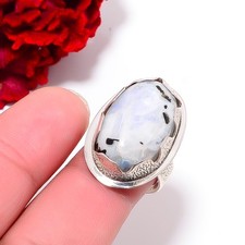 Rainbow Moonstone With Black Tourmaline 925 Sterling Silver Ring S.7 R97832