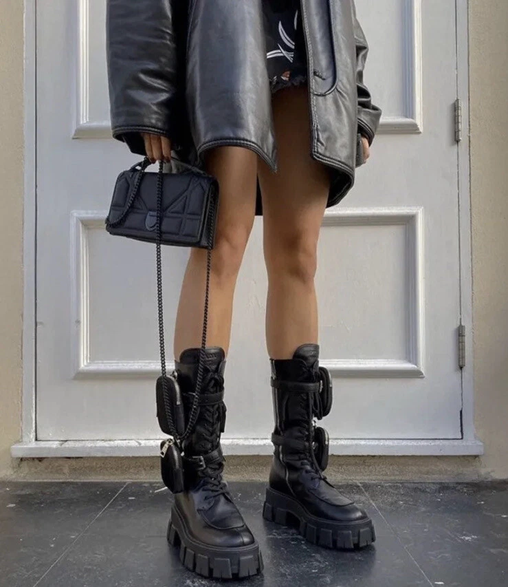 Prada Monolith Leather Combat Boots w/ Removable Zip Pouch - Black - 6US / 36