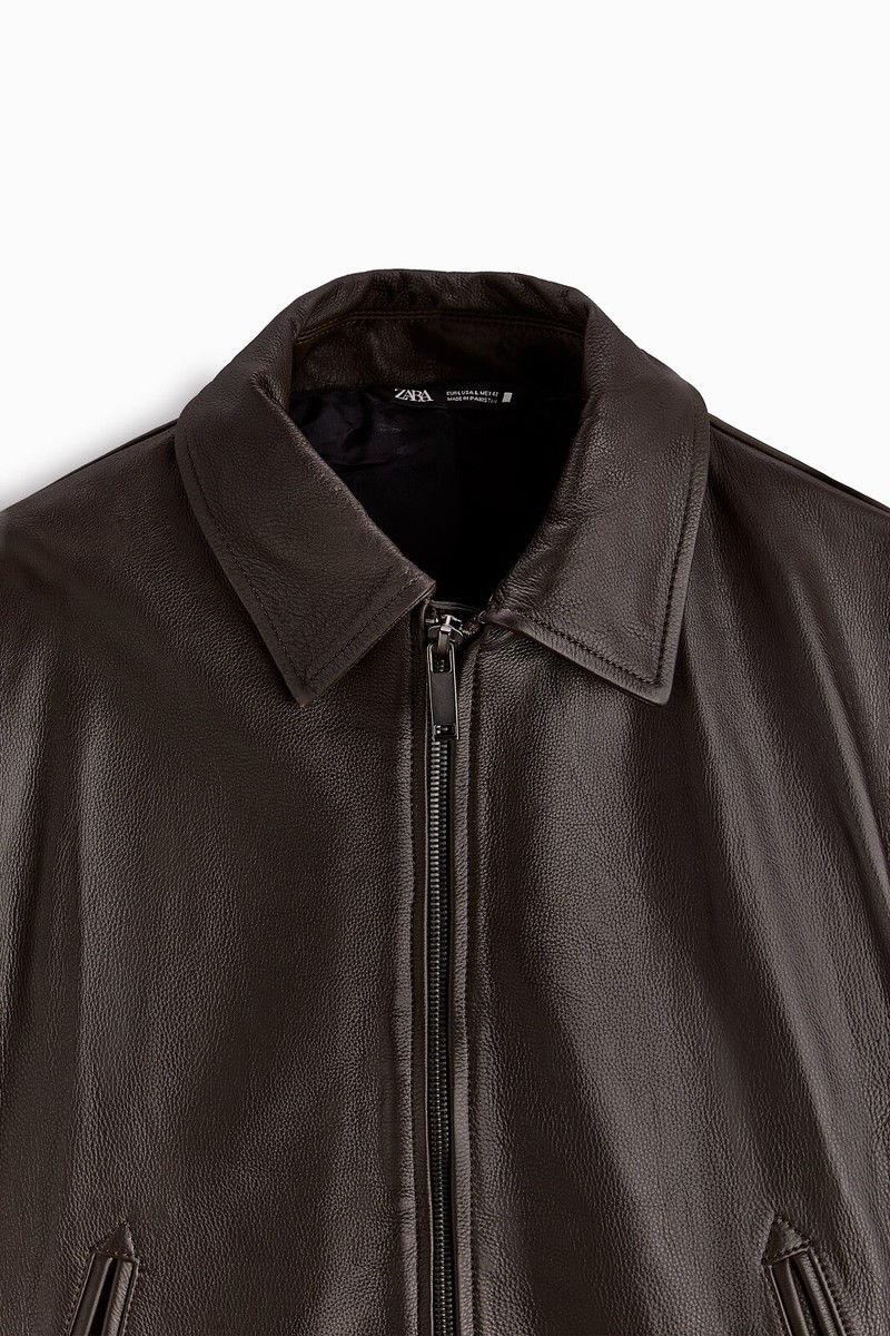 New Zara Oversize Genuine Leather Bomber Jacket S Brown 5479/305