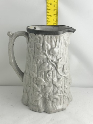Antique Ceramic Pitcher With Pewter Rim Vine Pattern FREE SHIPPING - Picture 4 of 5