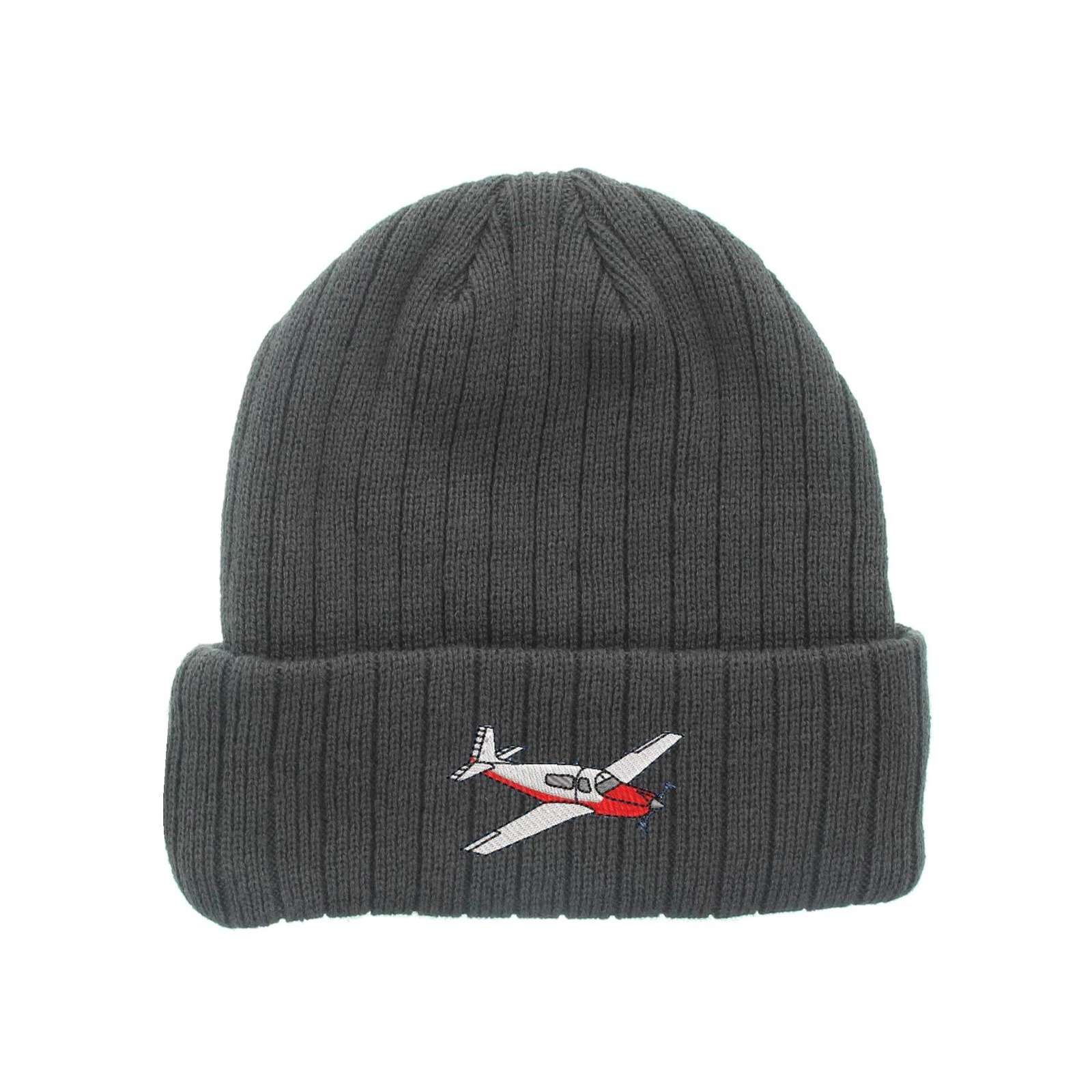 Airplane embroidered fleece beanie hat, insulated winter beanie hat