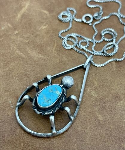 Vtg Native American Sterling Spider Natural Turquoise Large Pendant Necklace 20” - Picture 1 of 12
