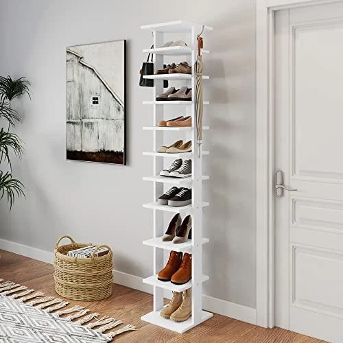 HOME BI 10 Tiers Vertical Shoe Rack, Tall Skinny Wooden Boot Shelf