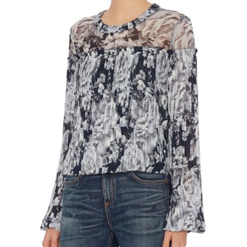 Intermix Gray Charlotte Silk Pleated Long Sleeve Floral Boxy Blouse Sz P/XS $250 - Picture 1 of 12