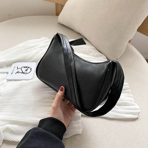 Bolso de hombro de cuero PU suave para mujeres color liso moda negro - Imagen 8 de 12