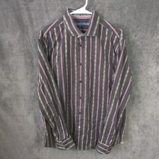 Robert Graham Shirt Mens L/XL 43-17 Black Striped Paisley Flip Cuff Button Up