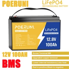 12V 100Ah LiFePO4 Lithium Battery Deep Cycle BMS for Solar RV Marine Off-grid