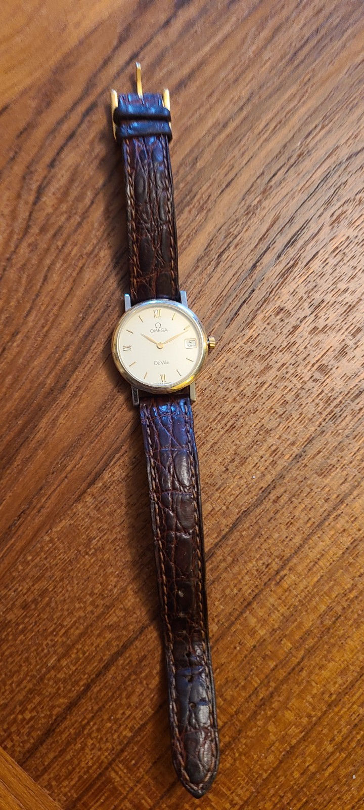 Omega DeVille Watch Gold Dial Leather Band Original Buckle Swiss Made