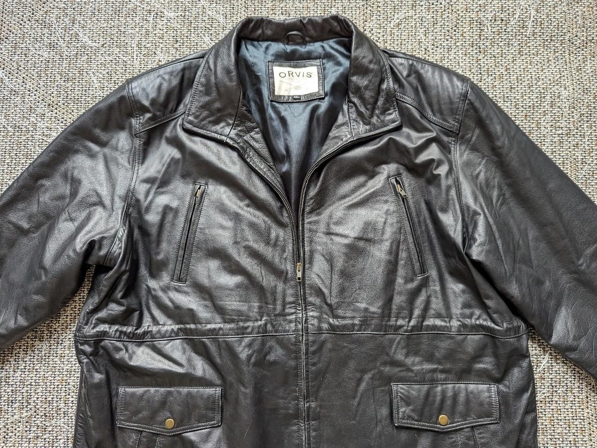 ORVIS leather FIELD COAT parka 2XL black jacket COWHIDE hunting | eBay