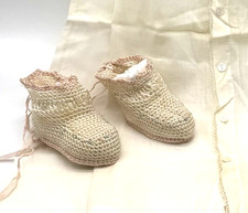 c1900 Antique Baby Shoes Booties Crochet Knit 3.5 x2 Cream Pink Blue
