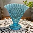 Blue Hobnail Glass Vase Ruffled Edge Decorative Glossy 7 Inch Tall