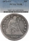 1872-CC 25C PCGS VG8 Liberty Seated Silver Quarter Carson City - Mintage: 22,850