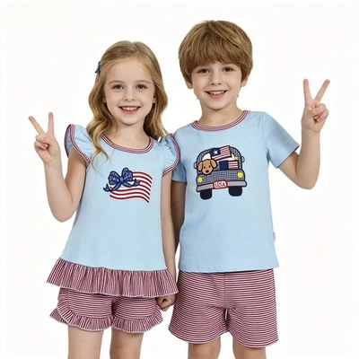 4th of July Matching Sibling Outfit Set | Toddler Boy Girl USA Flag Patriotic - Image 1 of 4