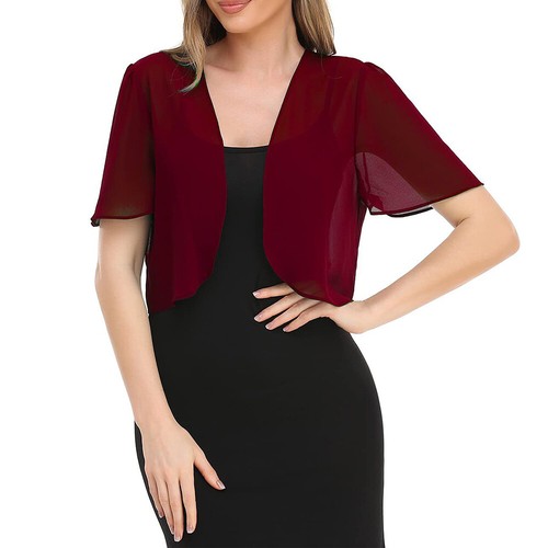 Women Chiffon Bolero Cardigan Open Front Sheer Shrug Jacket Cropped Tops Summer - Picture 2 of 28