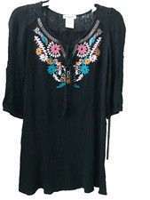 Vintage Original Piece Floral Embroidered Gauze Mini Dress Black V Neck Size S