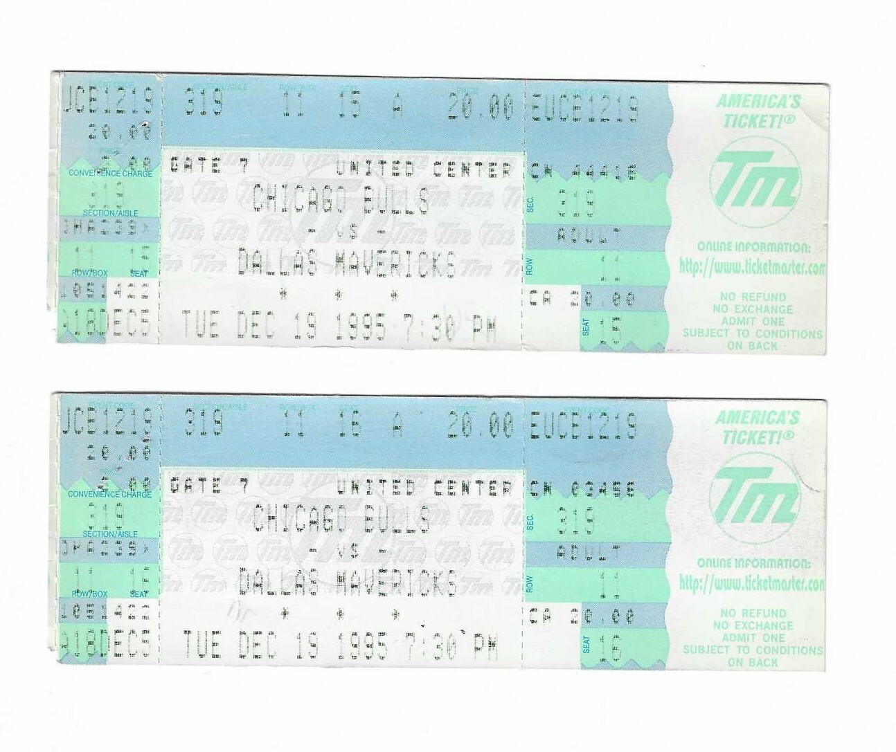 Chicago Bulls vs Dallas Mavericks Unused Basketball Tickets From 12/19/1995