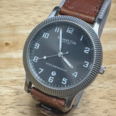 Kenneth Cole Quartz Watch Men Silver Steel 50m Date Leather Analog New  Battery