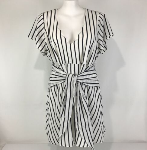 Atmos & Here Dress White Size 24 Black Stripe Short Sleeve Tie Front Lined New