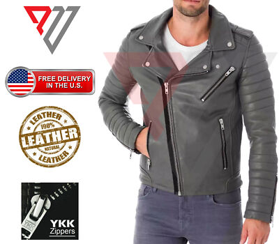 Men Real Lambskin Soft Gray Leather Classic Slim Fit Motorcycle Biker Jackets