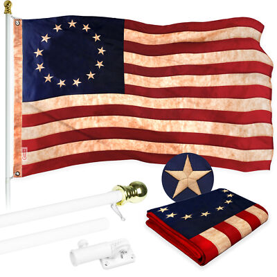 NEW G128 Betsy Ross Tea-Stained Flag & Flagpole, 5FT White Pole and 2x3FT Emb