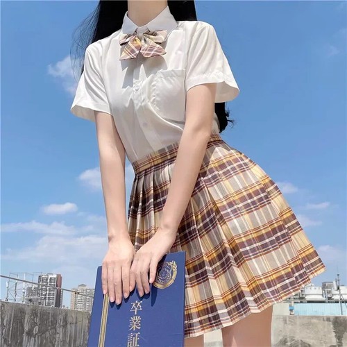 New Blouse Pleated Skirt Full Set Plaid Skirt Pink for Woman - Picture 33 of 40
