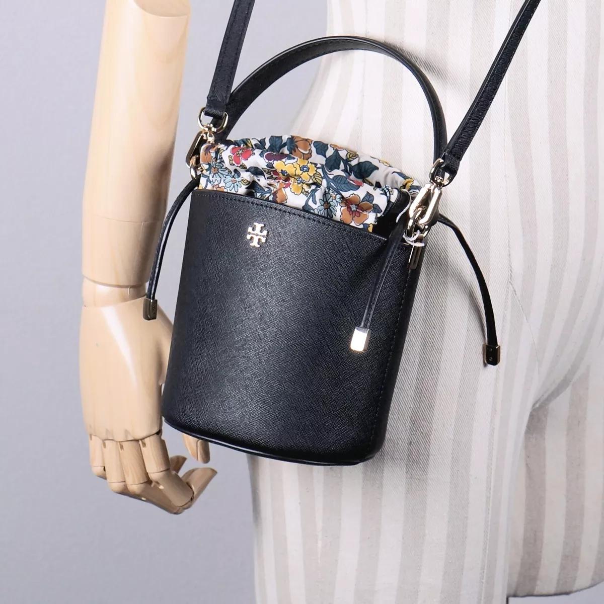 Latest Tory Burch Emerson Black Saffiano Mini Bucket Bag Crossbody