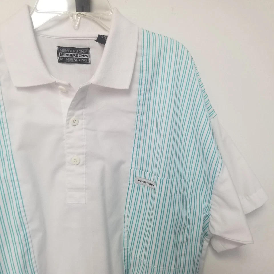 Members Only Vintage Pullover Shirt Mens M White Striped Short Sleeve - Image 3 of 4