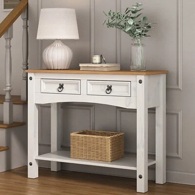 Corona White Console Table 2 Drawer Solid Mexican Pine Wooden Cabinet Wax