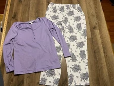 Charter Club PJ Set, Women's Medium, White Purple Floral Long Sleeve & Pants