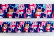 Pink Kitty Cat bow ties navy Grosgrain ribbon BTY 5/8" 7/8"  collars